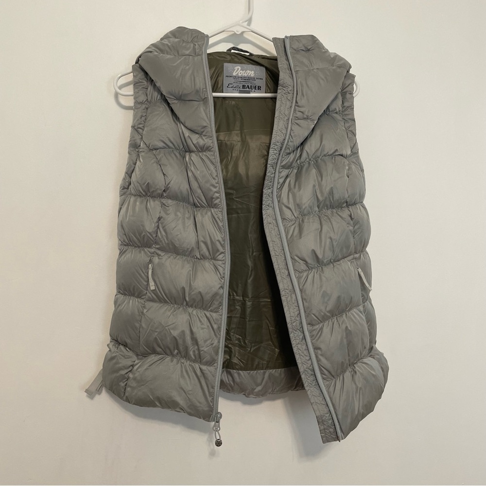 EDDIE BAUER 550 Fill Power GOOSE DOWN Puffer Vest Gray Grey Hooded Winter Small - Picture 5 of 16